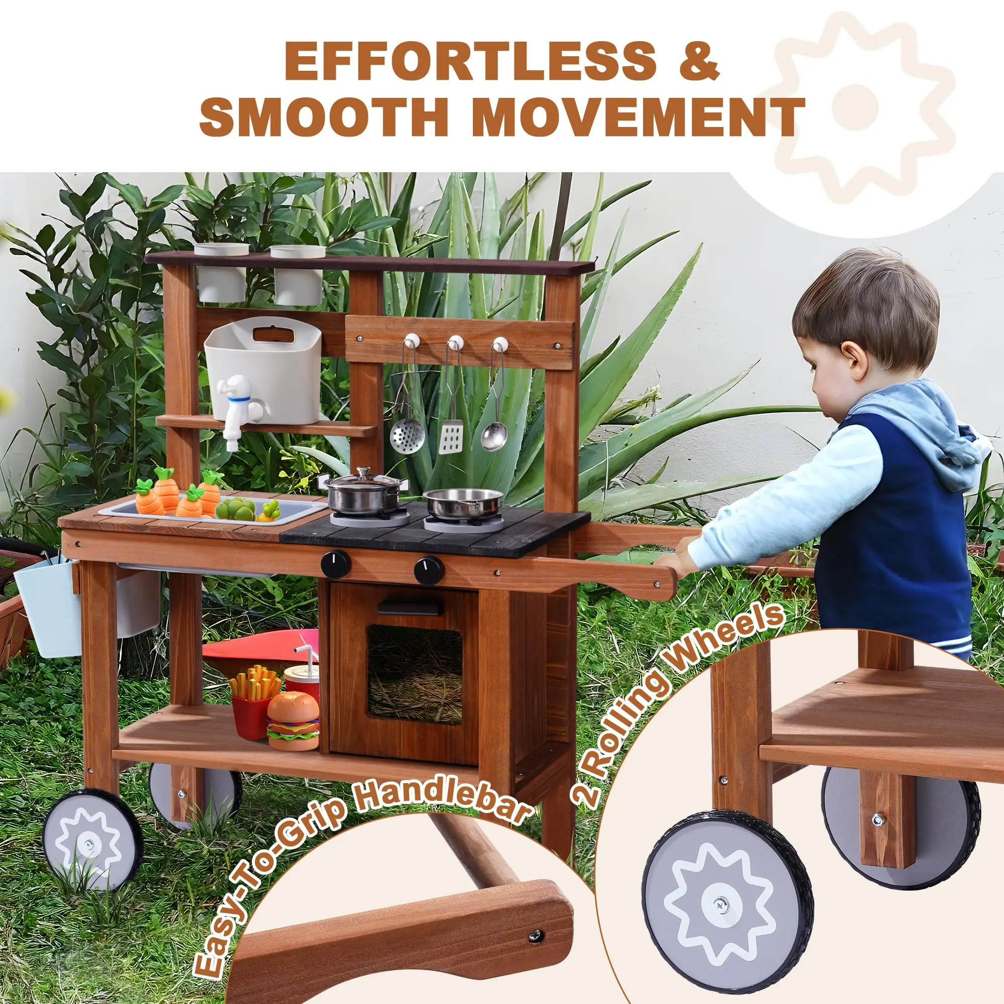 ROBOTIME ROBUD Cuisine de boue en bois extérieure avec roulettes Cuisine de jeu avec évier et robinet amovibles, jouets Monteeori pour enfants âgés de 3 ans et plus