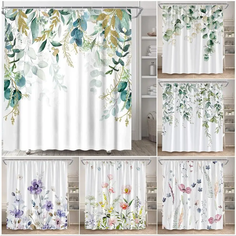 

Green Eucalyptus Leaves Shower Curtain Watercolour Plant Leaf Sage Floral Bath Curtains Modern Minimalist Fabric Bathroom Decor