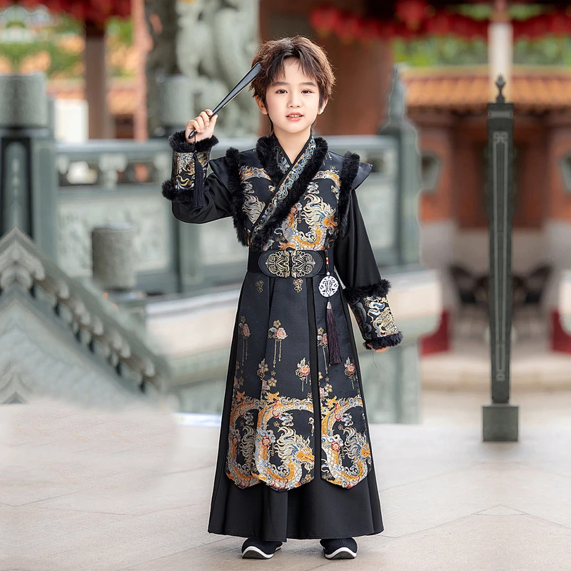 

Новый зимний сценический наряд Hanfu для мальчиков Young Masters, китайский халат, детский костюм Тан, детская старинная китайская детская новогодняя одежда 2026