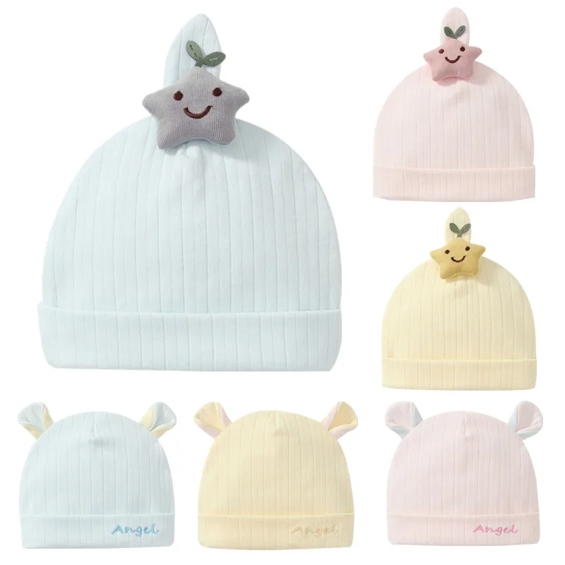 Spring Summer Baby Hat Cotton Solid Color Newborn Beanie Cap Hospital Hat Soft Elastic Ear Protection Double Layers Kids Bonnet