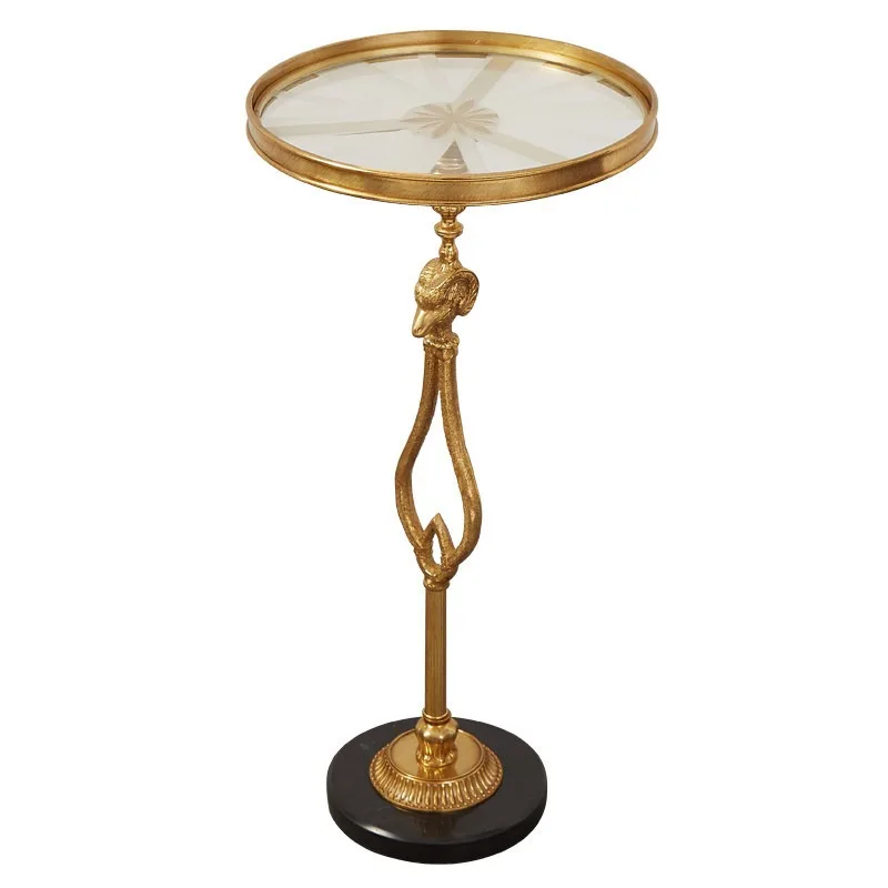 French style luxury lamb head full copper corner table with retro marble base and gold tea table decoration on the edge