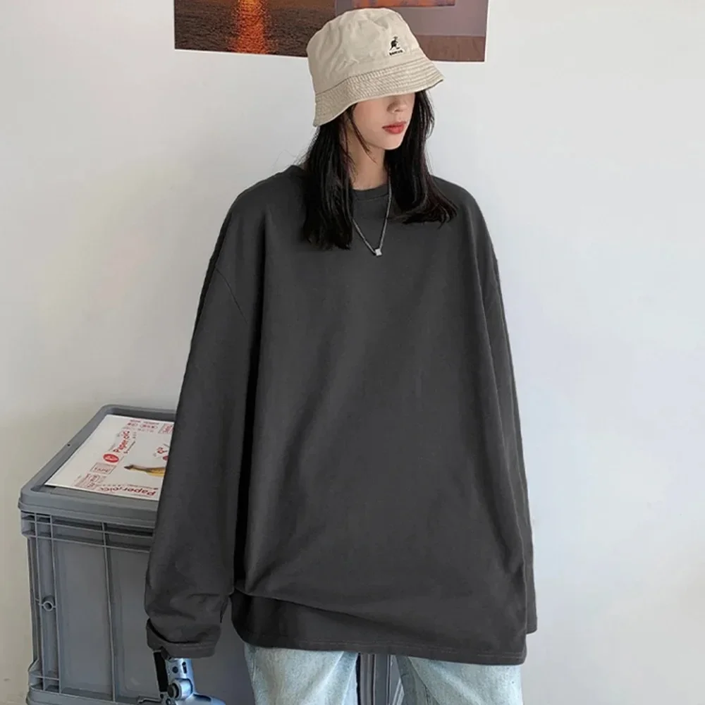 Nowa modna bawełniana koszulka z długim rękawem damska koszulka oversize basic Casual topy z okrągłym dekoltem prosta odzież uliczna przytulna