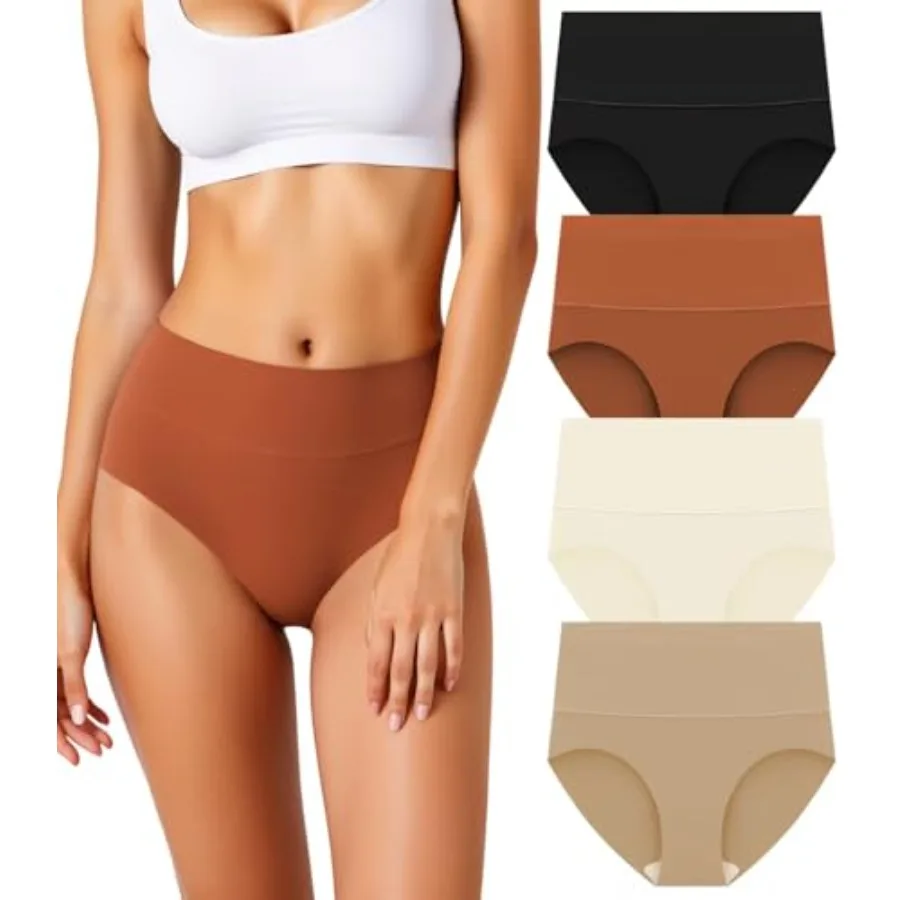 

Women's Seamless Underwear High Waisted Tummy Control No Show Panties Full Coverage Stretch Briefs 4 Pack