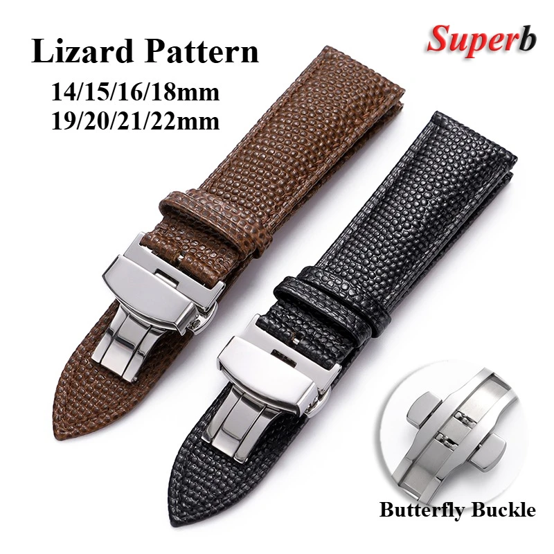 Eidechsenmuster Leder Uhrenarmband 14/15/16/18/19/20/21/22mm Schmetterlingsschnalle Ersatzarmband Herren Damen Uhrenzubehör