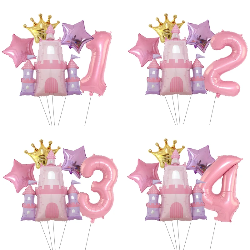 Воздушный шар с короной и замком принцессы с 40-дюймовым розовым воздушным шаром с цифрами для украшения дня рождения для девочек на тему принцессы, детский душ