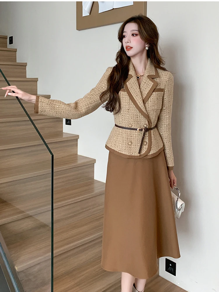 Spring Autumn Women\'s Two Piece Skirt Set Woolen Basic Coat With Belt A Line Skirt Elegant Blazer Work Office Lady Two Piece