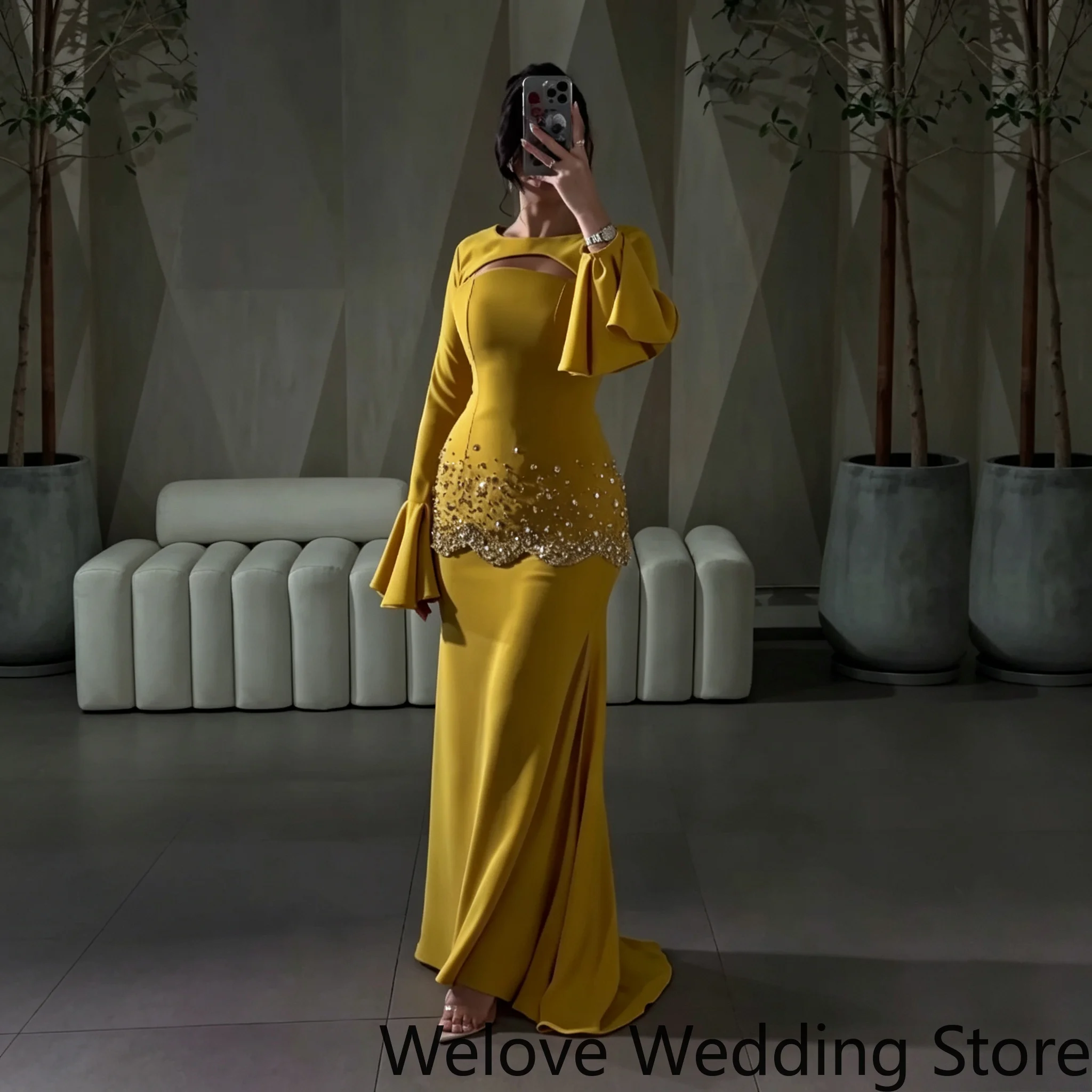 Customized Gorgeous Women Mustard Yellow Long Mermaid Evening Dress, Keyhole Cutout Neckline, Long Flare Sleeves