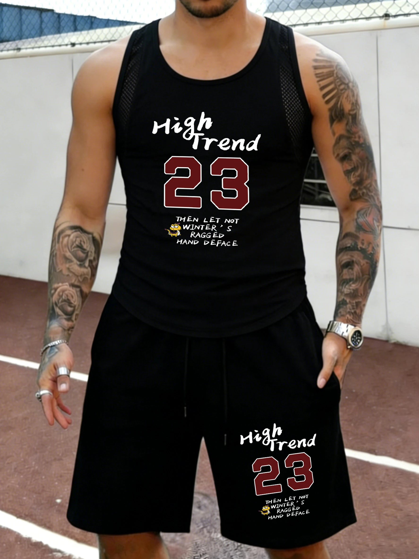 

High Trend 23 Printing Mens Mesh Summer Comfortable Sleeveless Drawstring Casual Bottom Sets Daily Retro Tank Top Gym Sportpant