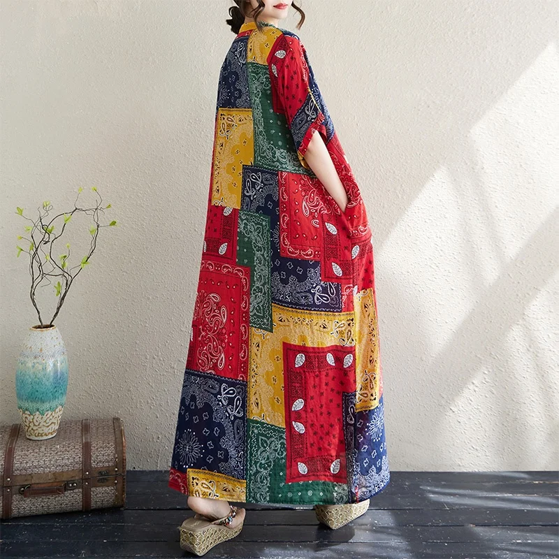 V-Ne Cotton Lin Long Beach Skirt Loose Fit Summer Holiday Sle Retro Meat Concealing Large Size Clothing Commute Sle