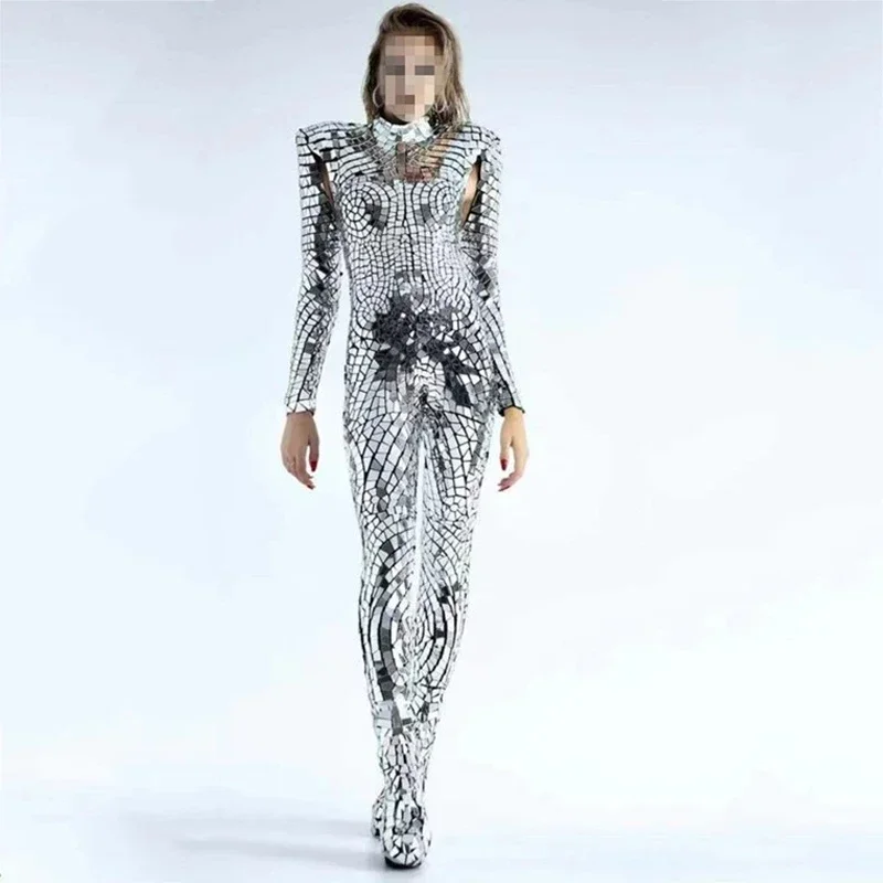 

Gogo Stage Show Costume Nightclub show Mirror Sequins Jumpsuit Women Lens Bodysuit Pole Dance outfit Bar Silver Jumpsuit