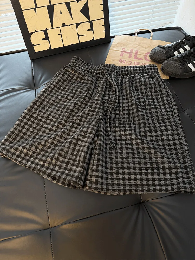 

American Retro Plaid Men's Shorts Summer Lazy Style Loose Straight Casual Five-Point Pants Elastic Waist Youth Daily Wear