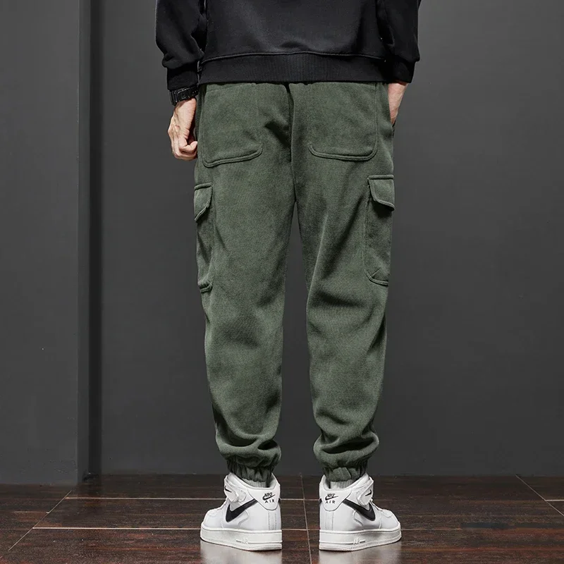 2024 Winter New Men\'s Fleece Corduroy Soft Cargo Harem Pants Thickened Warm Elastic Loose Street Jogging Sports Trousers Male