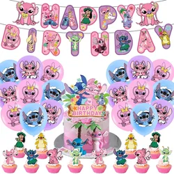 Pink Disney Lilo Stitch Theme Party Supplies DIY Balloon Birthday Banner Latex Balloon Decoration Cake Supplies Invitation Cards