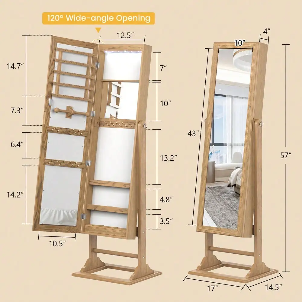 Jewelry Cabinet Full-Length Mirror Lockable Jewelry Armoire w/ 6 Lights Natural