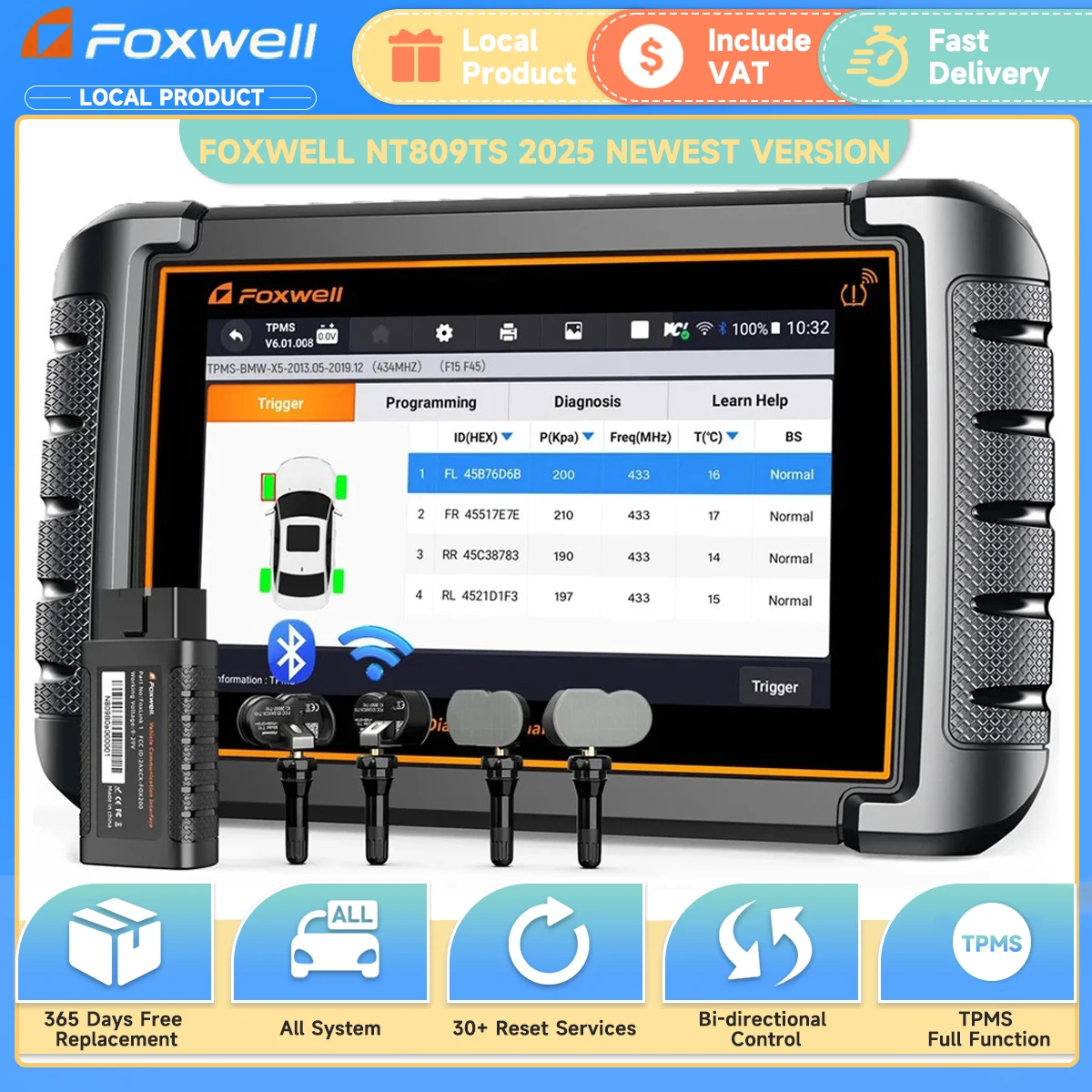 FOXWELL NT809TS TPMS Programmer OBD2 Car Diagnostic Tools Bidirectional Control All System 30+ Reset OBD 2 Automotive Scanner