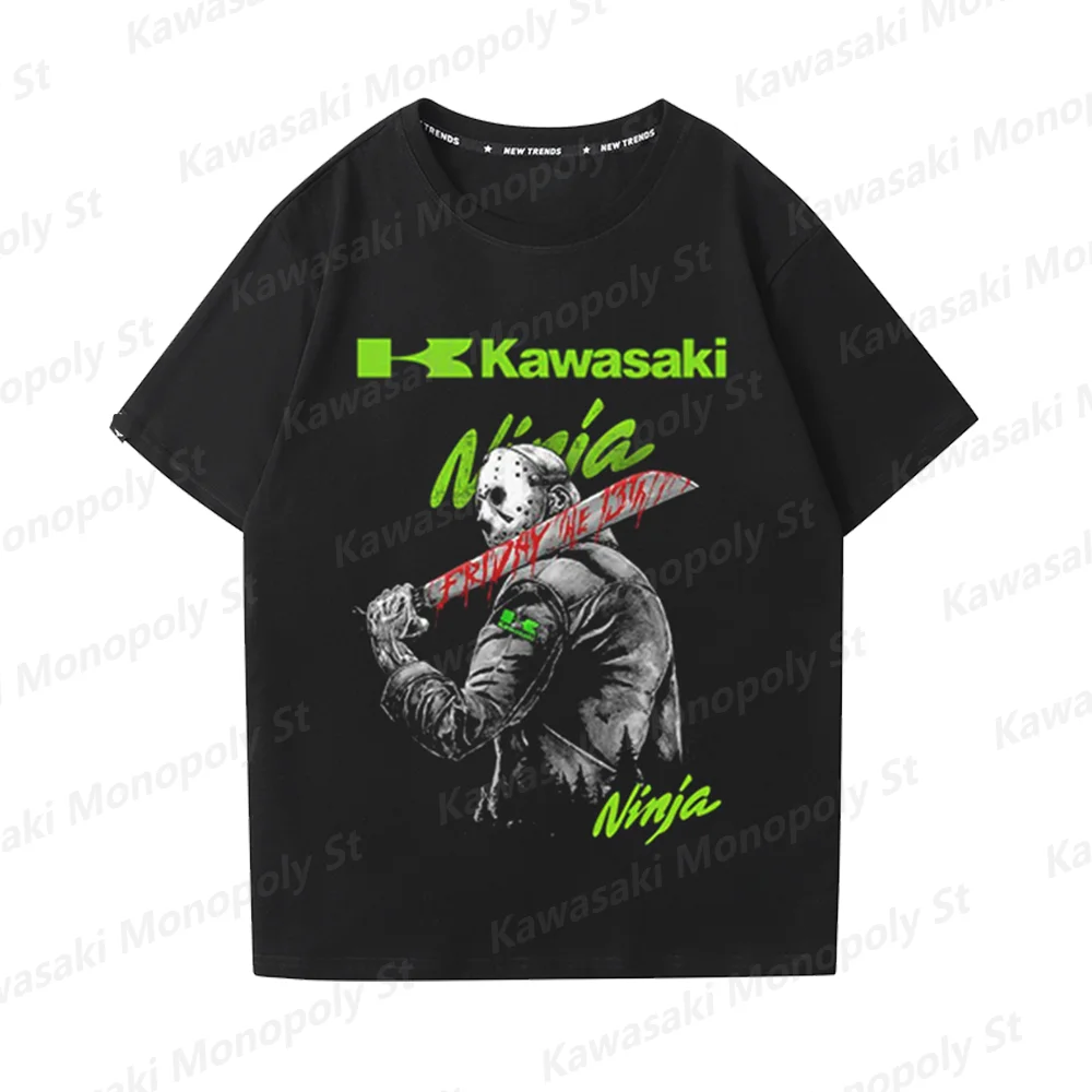 24/25New Summer Boy Kawasaki Motorcycle Kawasaki Printed Men  Motorcycle Lovers Short Sleeve T-Shirt Kid/Adult Street Cotton Top