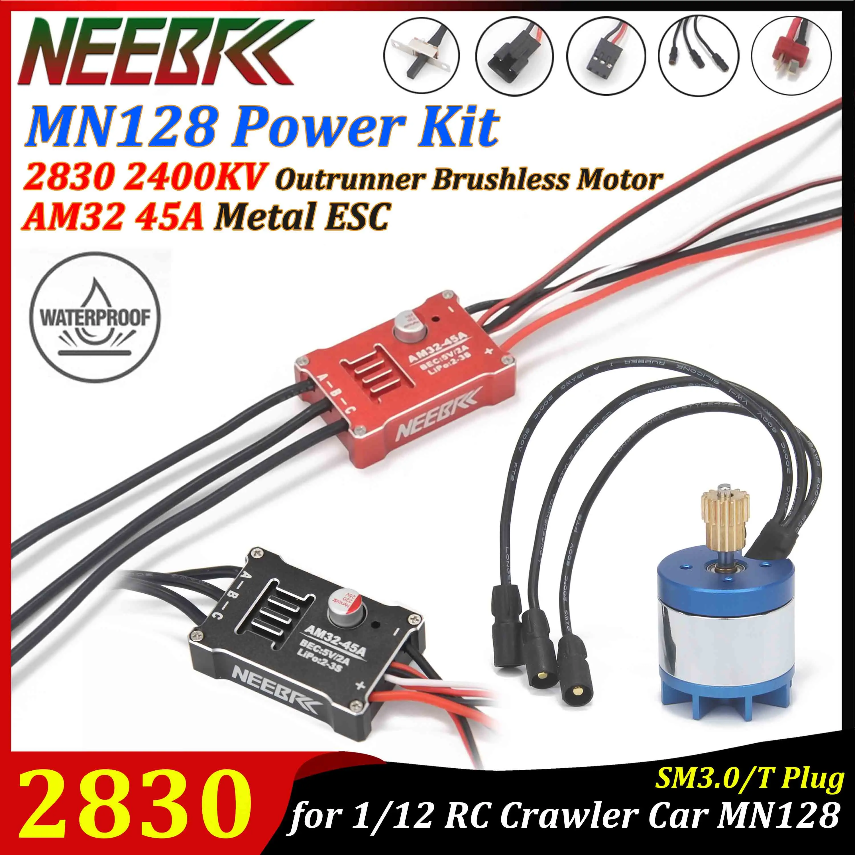

NEEBRC 2830 2400KV Brushless Motor AM32 45A Metal ESC SM3.0/T Plug USB/Type-C Adapter for 1/12 RC Crawler MN128 MN86 Power Kit
