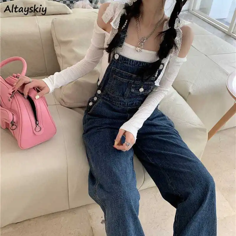 Tute di jeans vintage Donna Ulzzang Dolce per il tempo libero Studenti Tuta con cinturino Harajuku Streetwear Ins Style Distressed Full Length
