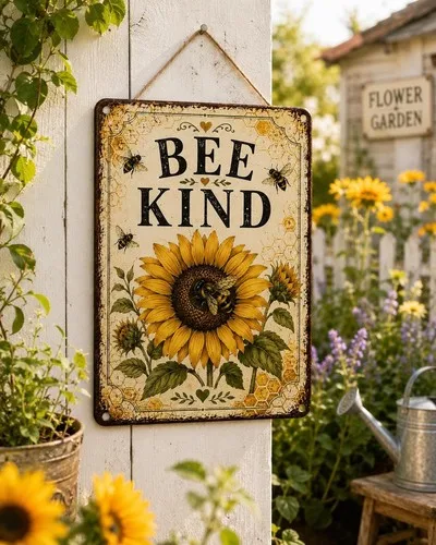 Bee Kind Sunflower Metal Sign, Rustic Farmhouse Garden Decor --Tin Sign