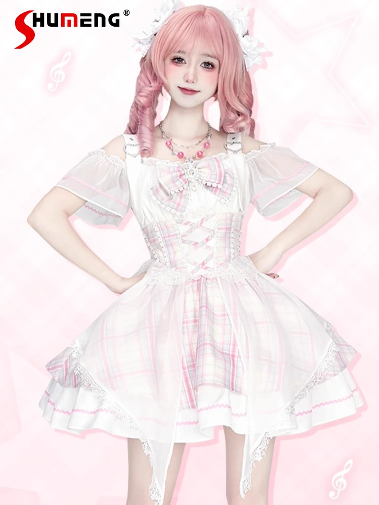 

Original Singing Costumes Girl's Japanese Lolita Cute Sweet Bow Lace Dress Summer New Women's High Waist Slimming Short Dress