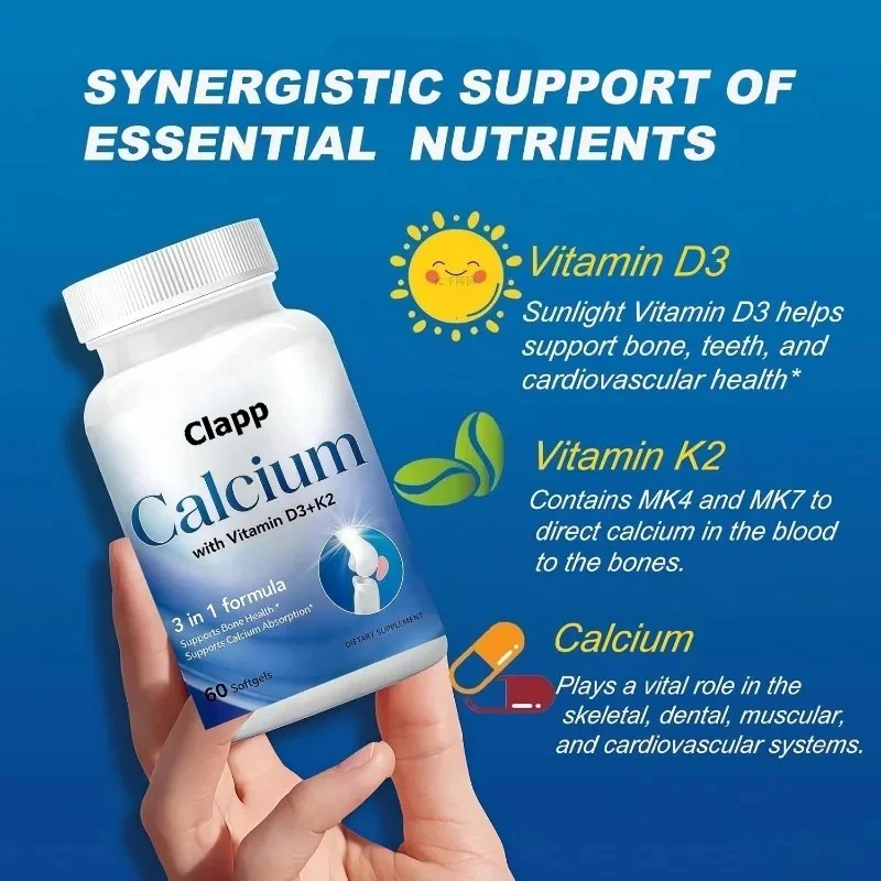 Three in one calcium 150mg+vitamin D3 1000iu+100mcg K2 (MK4 MK7) for bone and joint health, 60 soft capsules