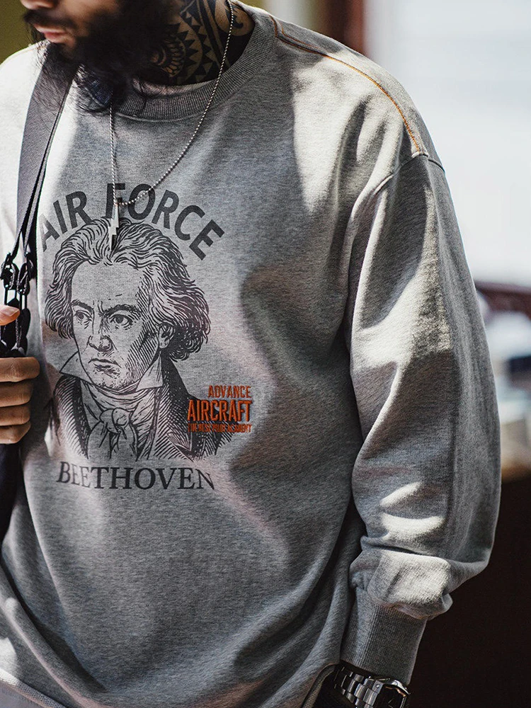 

Maden American Sle Loose Fit Cotton Sweatirt Long Sve Printed Embroidered Men's T-irt Casual Spring Faion