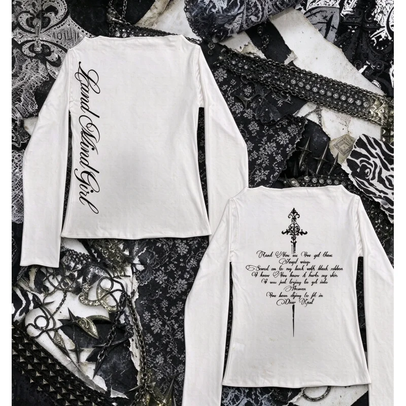 Y2K Gothic Aesthetic Women's Long Sleeve Slim Fit Top Land Mind Girl Text Print Cross Pattern Streetwear Autumn Winter Basic Tee