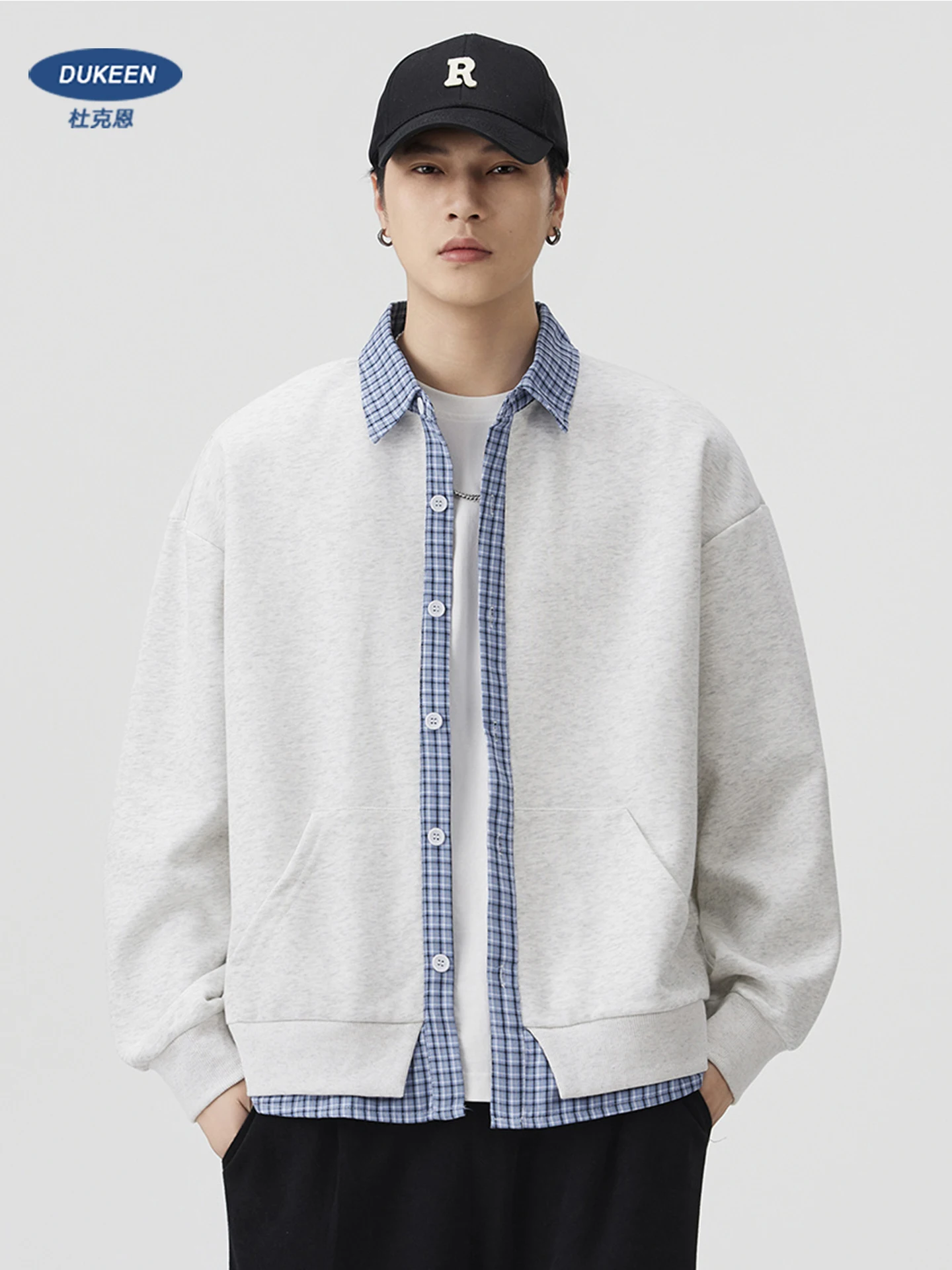 

DUKEEN Men's Faux Layered Sweatshirt Jacket with Plaid Collar 2025 Autumn Japan Style Contrast Casual Oversized Cardigan Coats