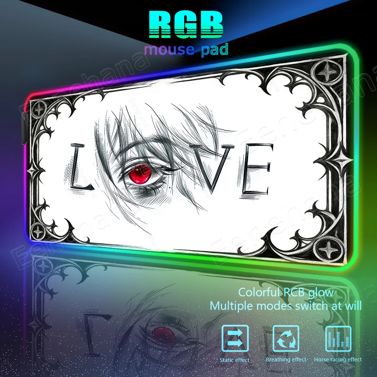 

Коврик для мыши RGB Black & White Gothic PC Gamer с запирающимся краем, дизайн «Глаза LOVE», светящийся коврик для клавиатуры ноутбука, аксессуары для дома