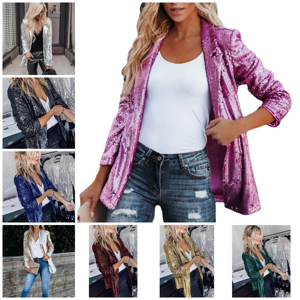 

Women's Long Sleeve Sequin Multi-Color Jacket Cross-Border Fashion Suit Collar Thin Blazers Casual Solid Female Club Streetwear