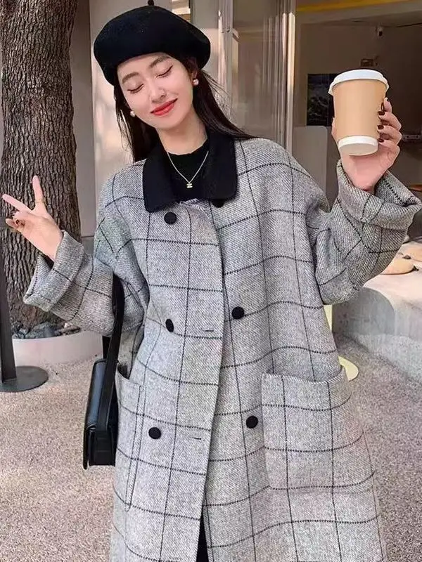 

Женское шерстяное пальто в стиле ретро в клетку, осенне-зимнее, с воротником-стойкой, двухцветное, на двойной пуговице, средней длины, с длинными рукавами