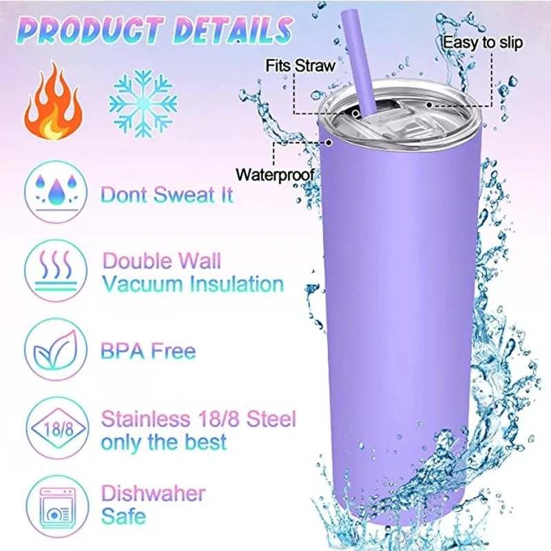 20oz Stainless Steel Skinny Tumbler Vacuum Insulated Double Wall Water Bottle With Straw Lid Travel Cup Gift For Hot Cold Drinks