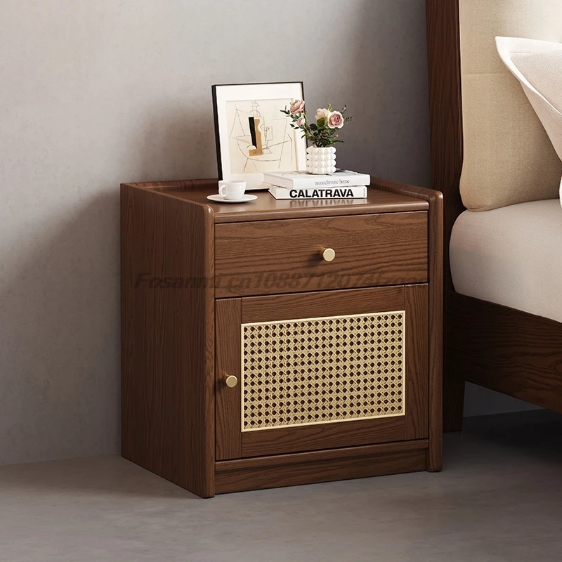 Full Solid Wood Bedside Cabinet Safe Box Integrated Rattan Modern Minimalist Home Storage Cabinet Practical Storage Shelf Sturdy