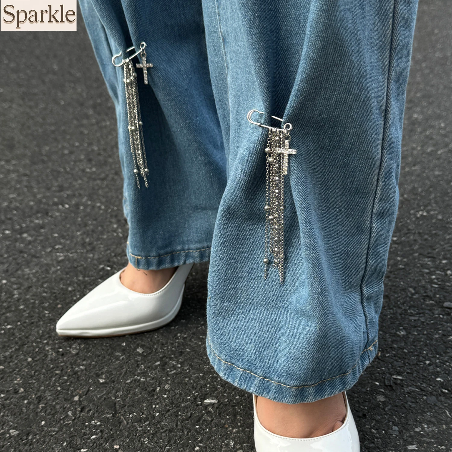 

Retro Brick Cross round Bead Chain Tassel Pendant Pin for Girls Creative Metal Fashion Leg Jewelry Accessory