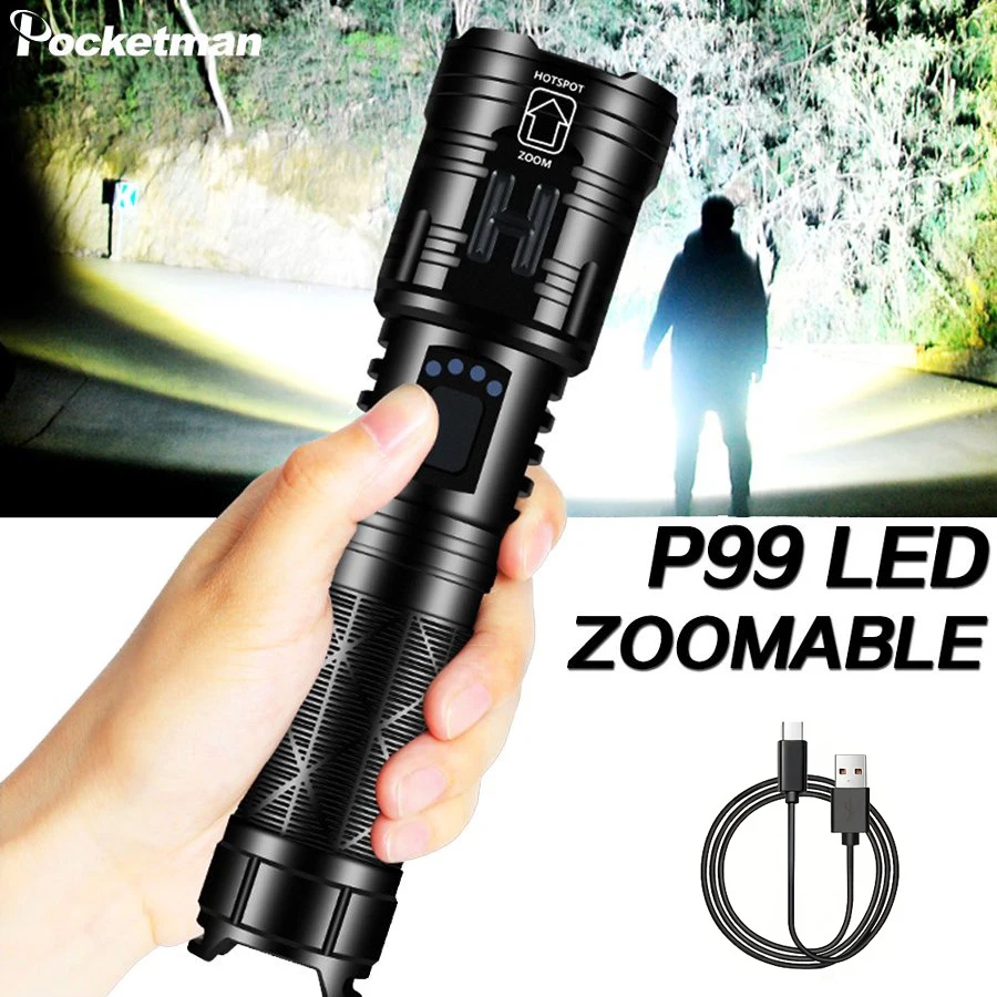 Rechargeable P99 LED Flashlight High Lumens Tactical Flashlight with USB Charge Waterproof for Camping Emergency