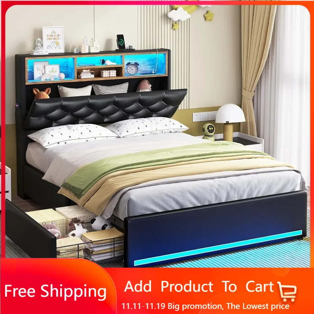 

Twin Bed Frame with 3-Tier Headboard & Hidden Storage, Upholstered LED Bed Frame with 4 Drawers and Charging Station