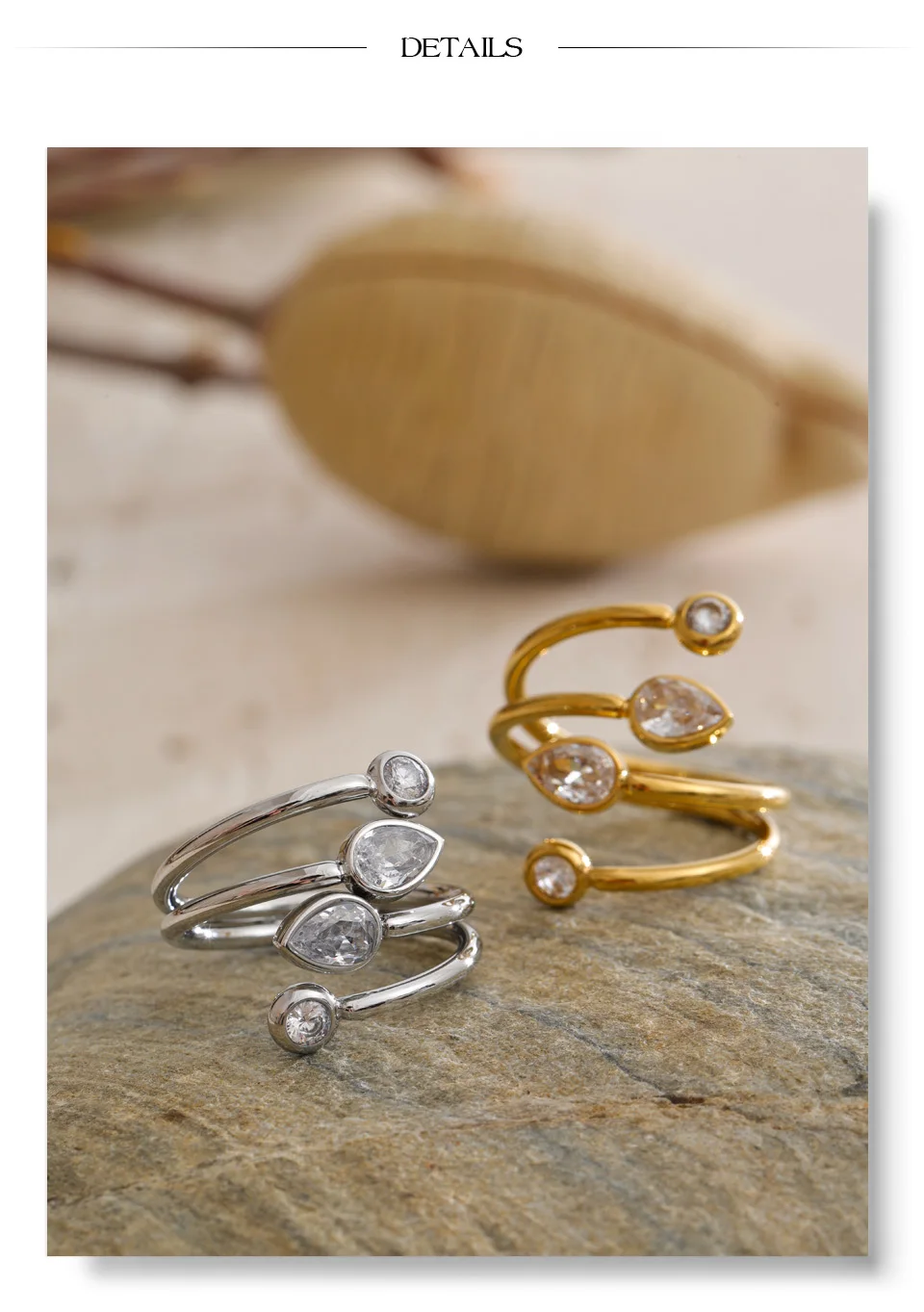 Yhpup Edelstahl-Zirkonia-Tropfenring, rund, geschichtet, verstellbar, Neuheiten, Kreativität, Modeschmuck, Geschenk – Detail 7