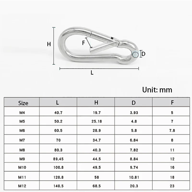 304 Stainless Steel Spring Carabiner Survival Outdoor Camping Tools Keychains Connection Buckle Chain Hook M4 M5 M6 M7 M8 M10