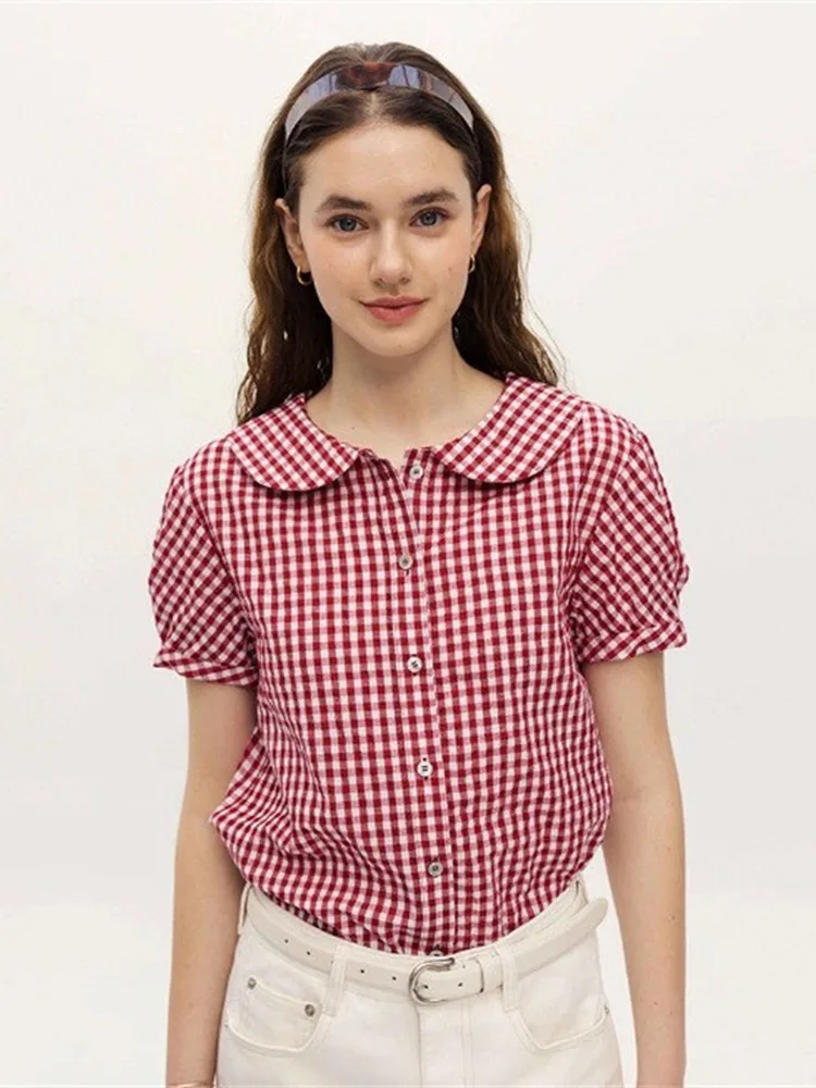 디자이너 걸 안티에이징 돌칼라 버블 슬리브 체크무늬 반팔 셔츠 여름 상의 패셔너블 출퇴근 루즈핏 버튼다운