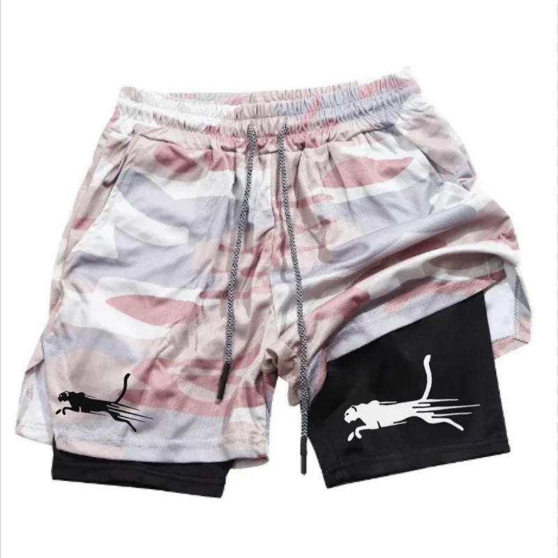 2024 neue Herren-Zwei-in-Eins-Sportshorts mit Jagdhund-Logo, schnell trocknende Laufshorts, Fitnessstudio, Fitnesstraining, doppellagig