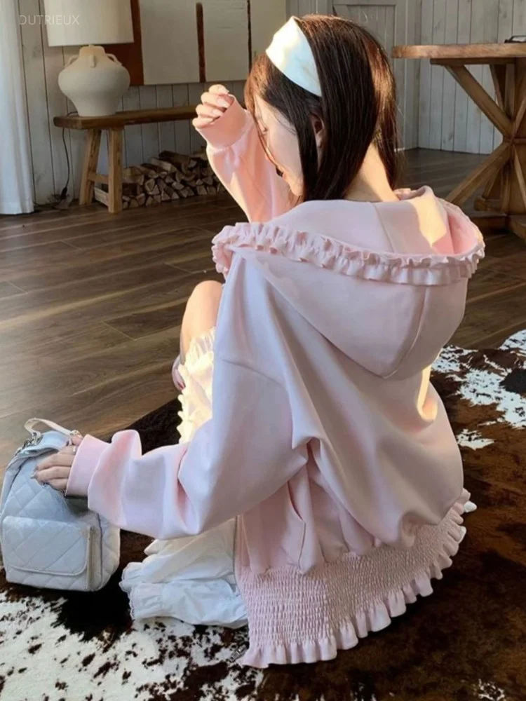 2026 Y2k Aesthetic Pink Ruffled Hoodies Women Casual Loose Harajuku Zipper Sweatshirt Spring Sweet Cute Grunge Hoody Jackets