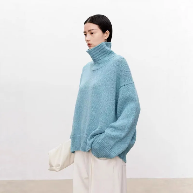 

Высококачественный мягкий женский свитер из 100% шерсти с высоким воротом, свободный и утолщенный шерстяной трикотаж, многослойный