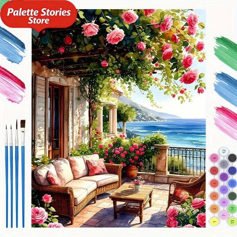 

Набор для рисования по номерам для взрослых — Солнечный пейзаж, Розы и Терраса у моря, Картина на холсте, 40×50 см/15 дюймов. 7x19. 6 дюймов, Подарок ручной работы,