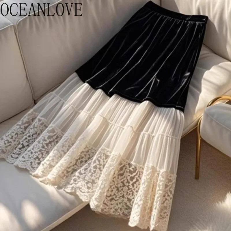 Oceanlove veludo rendas retalhos saias femininas outono inverno estilo francês retro faldas mujer moda elegante a linha saia longa