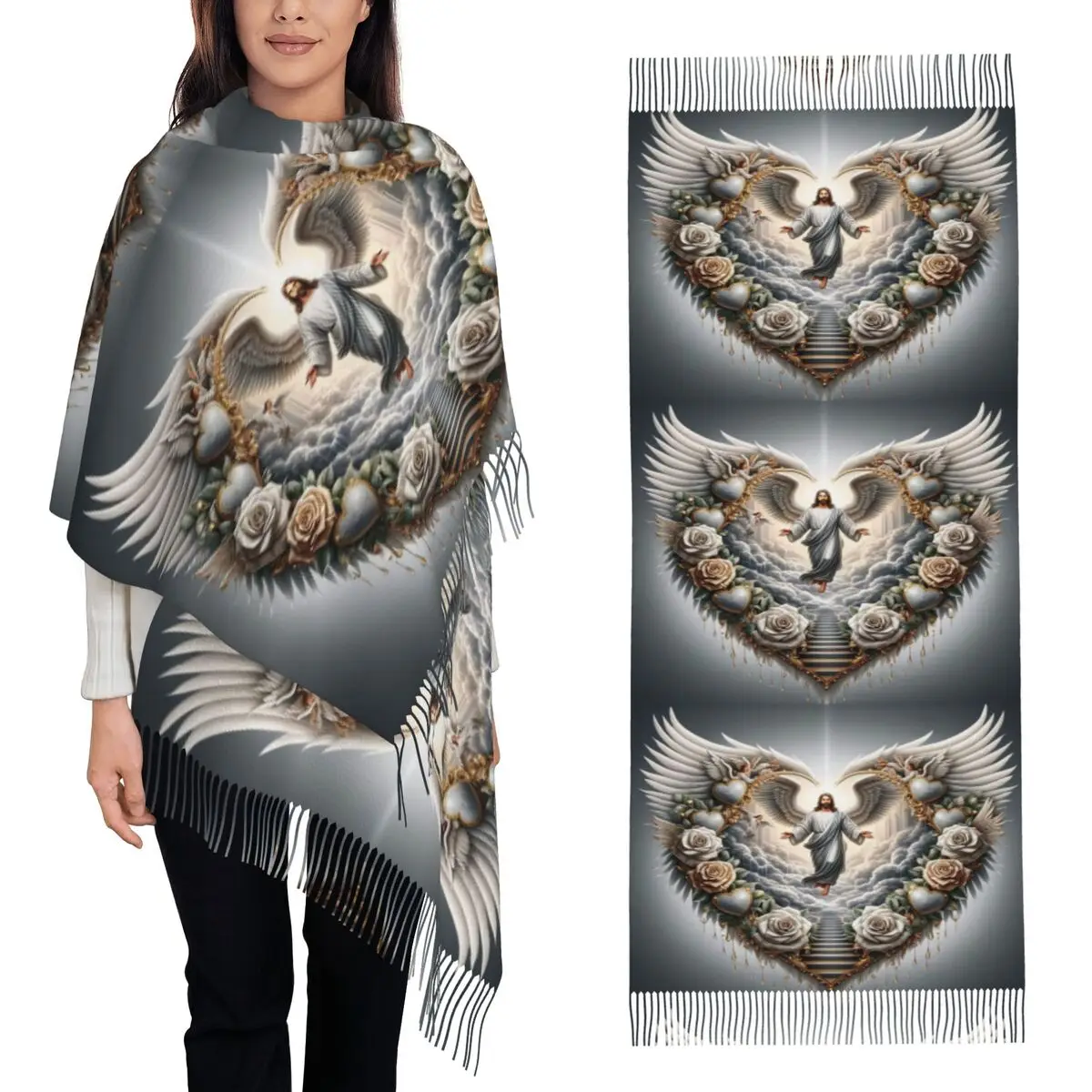

Jesus Christ Angelic Heart Religious Design Scarf Tassel Scarves for Women Soft Warm Shawl and Wraps Long Fall Winter Shawl Wrap