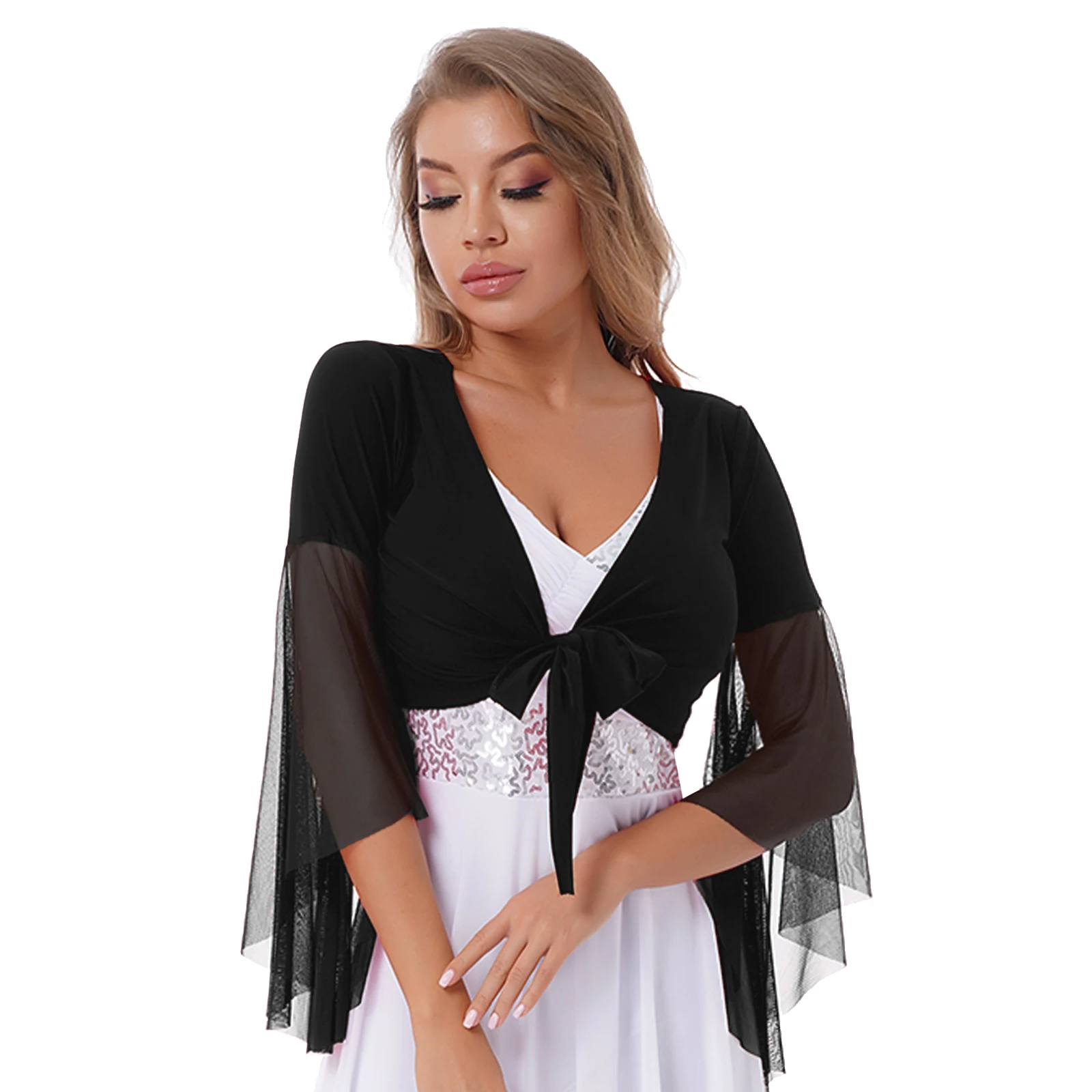 Tops de danza del vientre con cuello en V para mujer, camisas de baile, Ropa de baile, manga acampanada de tul, Top corto de Color sólido, trajes para espectáculos de escenario 3/4