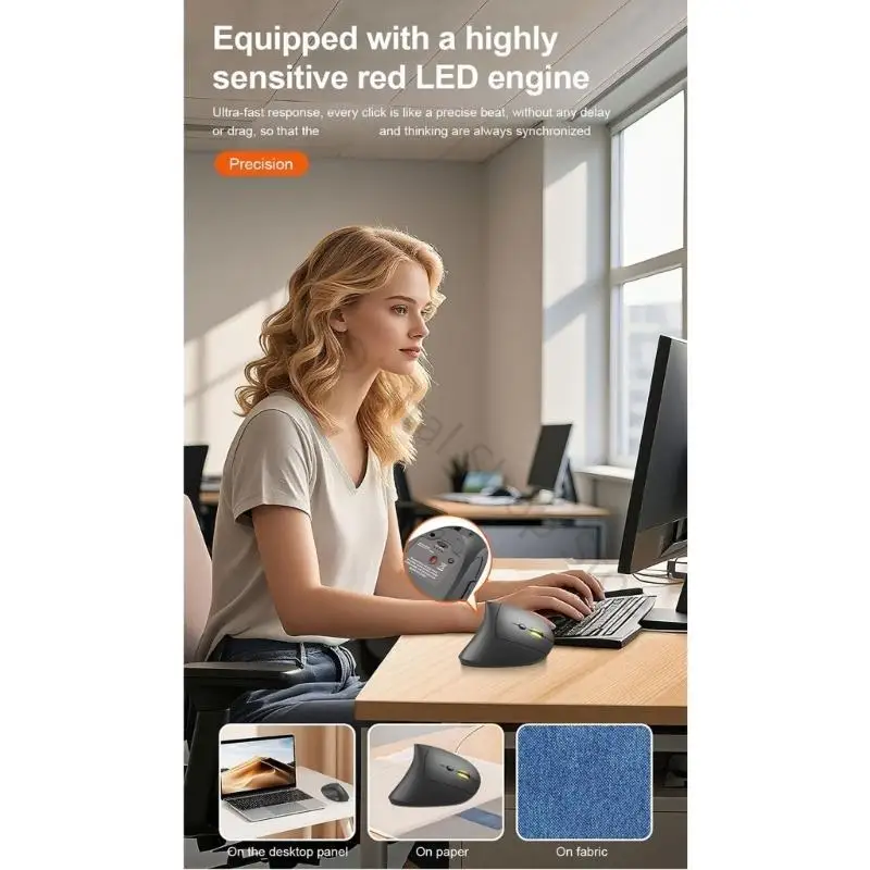 96BA Right Handed Vertical Mouse 3 Adjustable DPIs Level Silents Clicks For Office Work