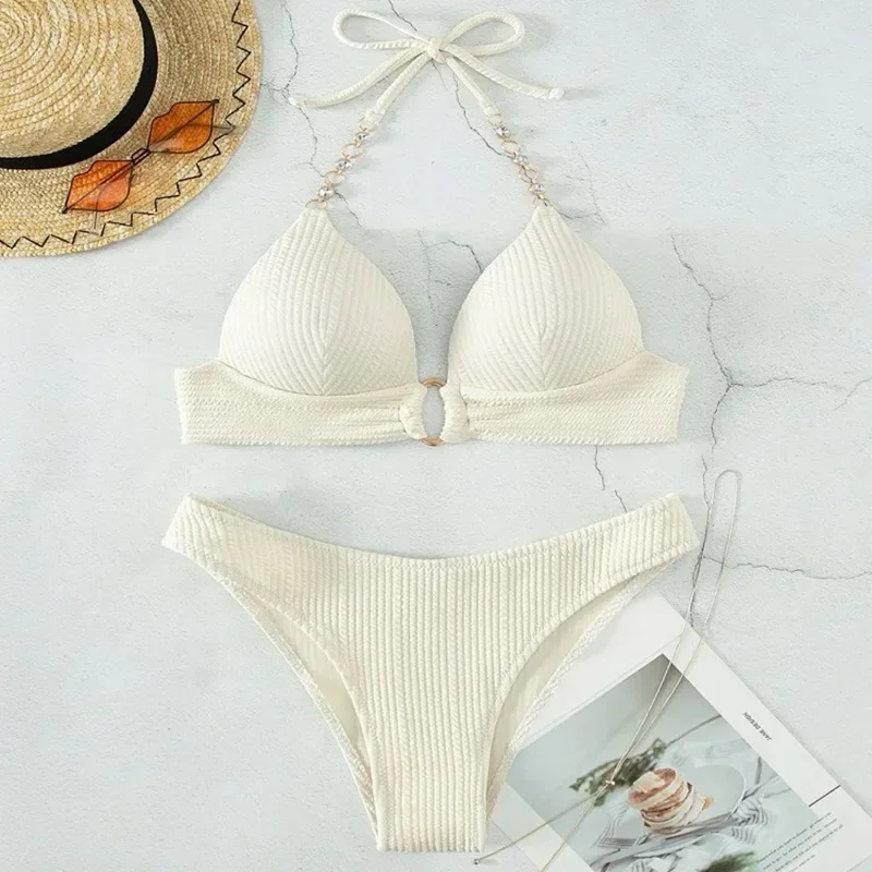 2024 New Sexy Split Solid Color Bikini Striped Pearl Neck Swimsuit