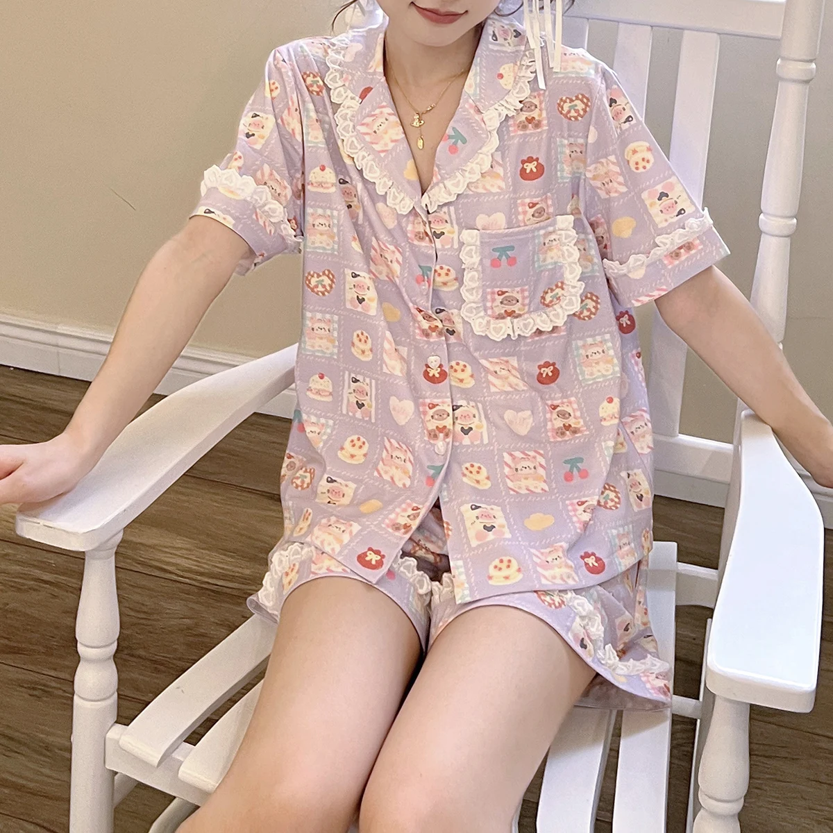 Original Japanese Ins Wind Purple Plaid Cute Short-sleeved Printed Pajamas Sweet Girl Doll Collar Modal Cotton Loungewear Set