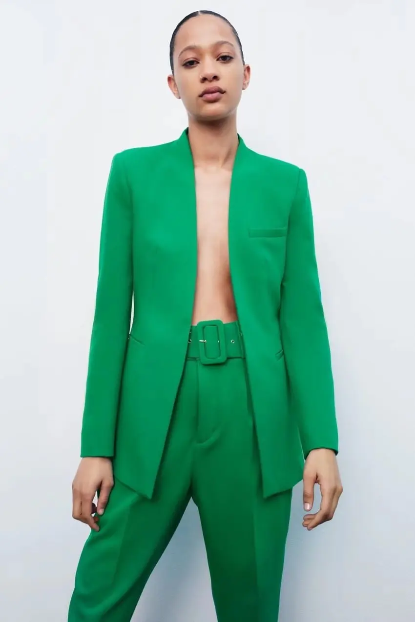 

Slim Fit Suit Jaet without Collar with Belt Pants Women's Faion Pure Color Commute Sle Long Sve Regular Length